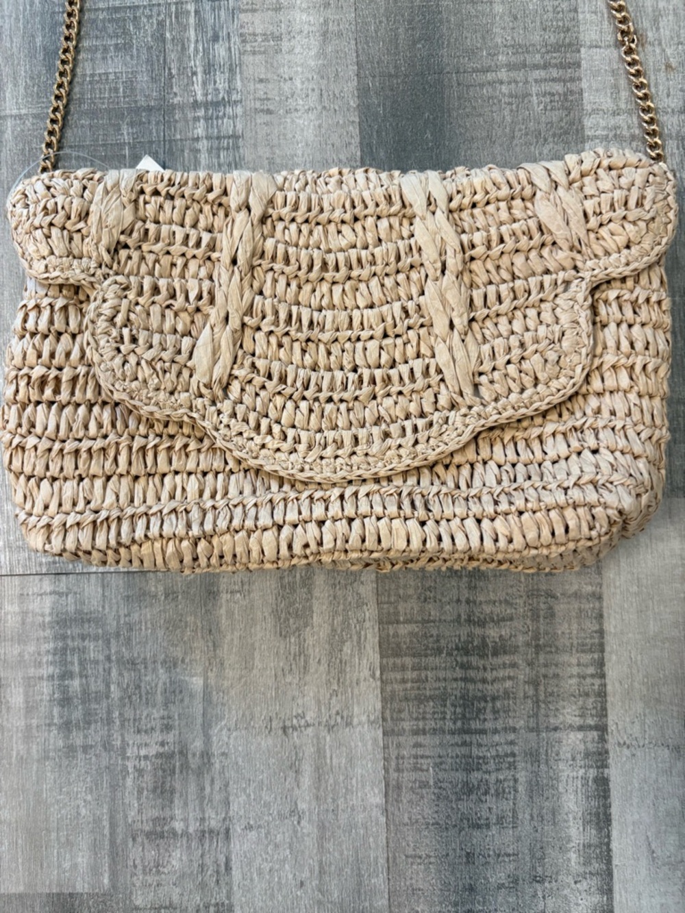 NWT J. Crew Scalloped Woven Clutch with Gold Tone Shoulder Chain Strap.